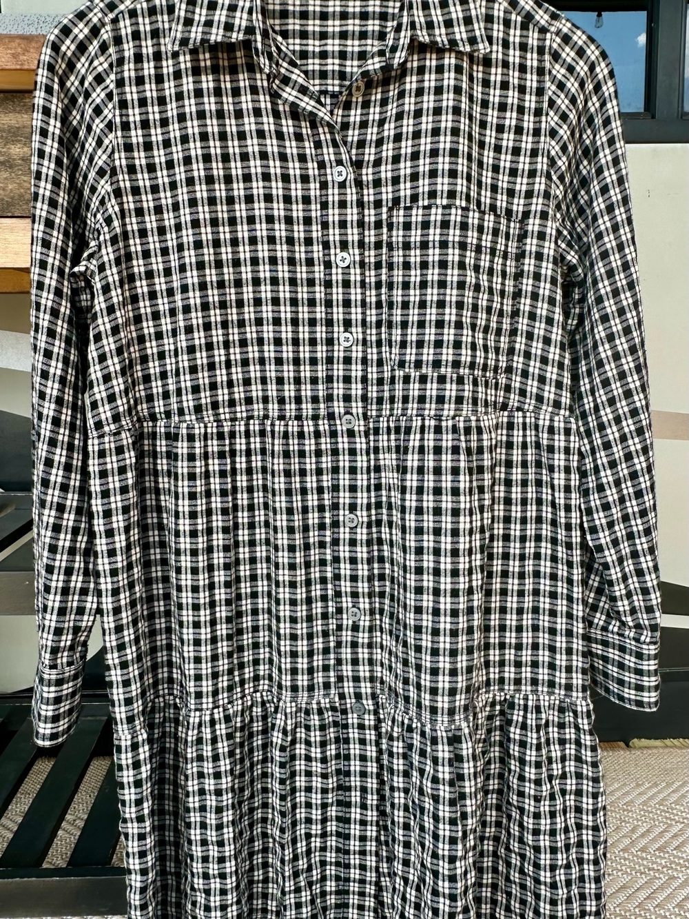 LOFT Small Petite Black Plaid Shirt Dress